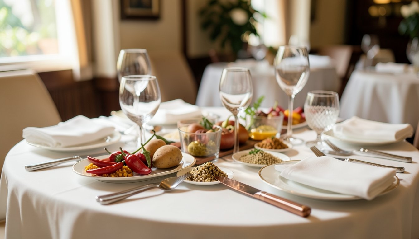 Mesa elegantemente servida en un restaurante de Lima con luz natural y tonos cálidos, preparando el ambiente para una cena gastronómica.